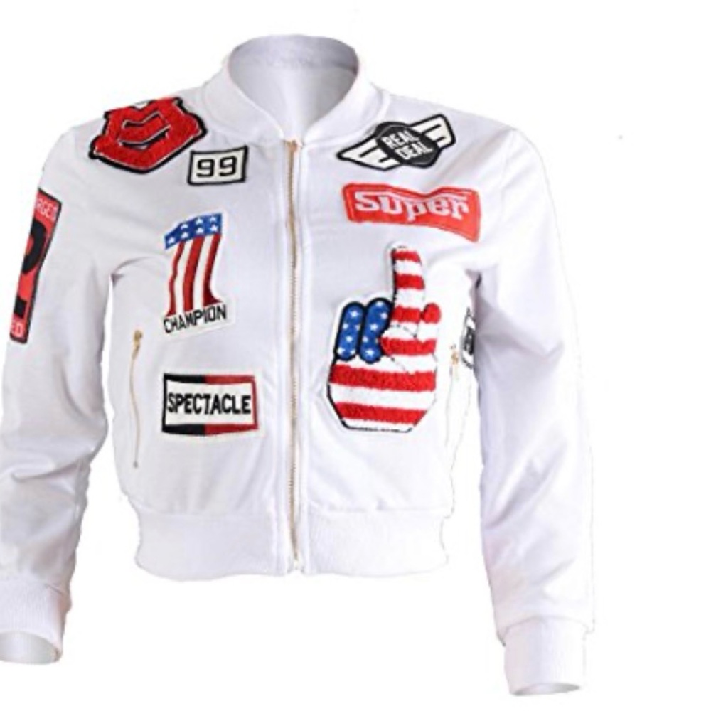 White Patchwork Bomber Jacket With Americana Patc… - image 1
